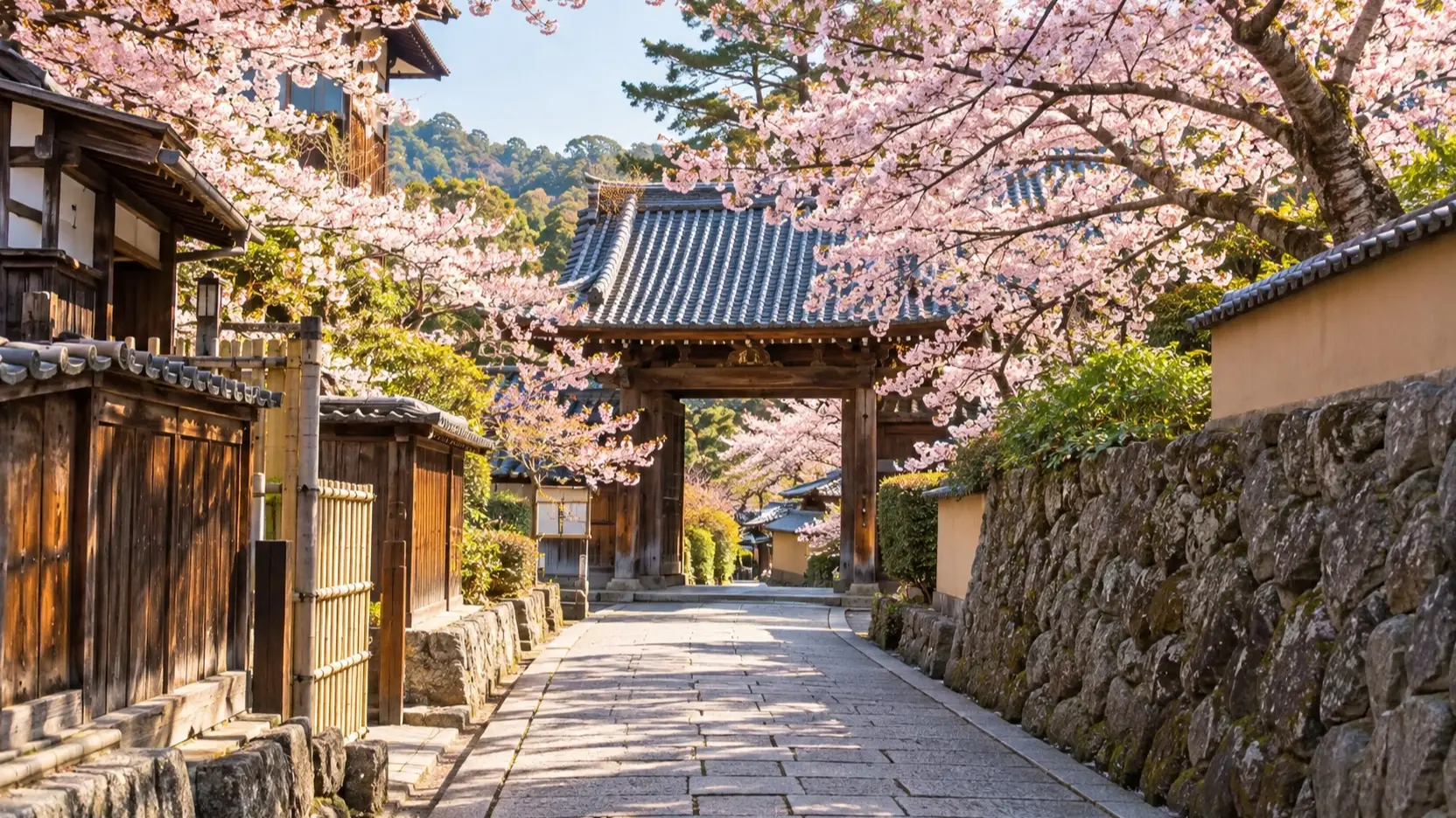 Empty Kyoto temple lane under spring cherry blossoms