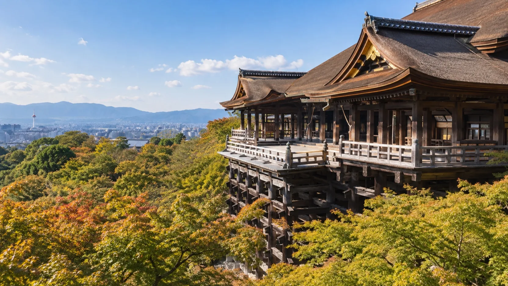 Kiyomizu-dera temple terrace overlooking wooded Kyoto hills