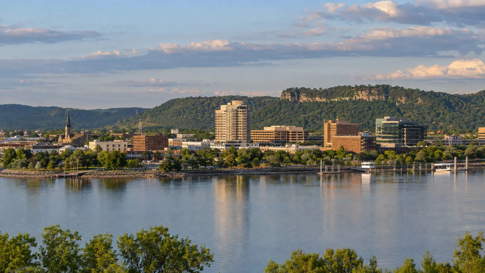 Downtown La Crosse and surrounding bluffs viewed from the east