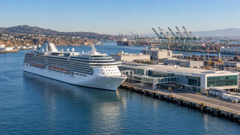 Cruise ship at the World Cruise Center in San Pedro with Port of Los Angeles cranes beyond
