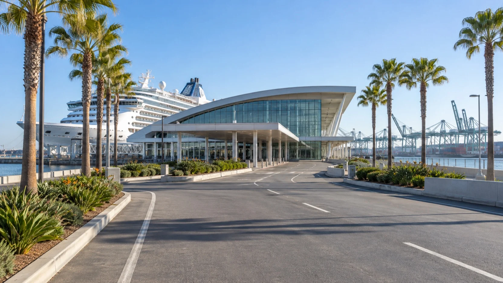 Palm-lined road approaching a San Pedro cruise terminal with a ship and port cranes nearby