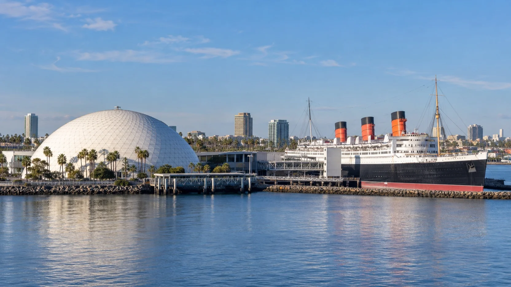 Long Beach Cruise Terminal dome beside the Queen Mary ocean liner