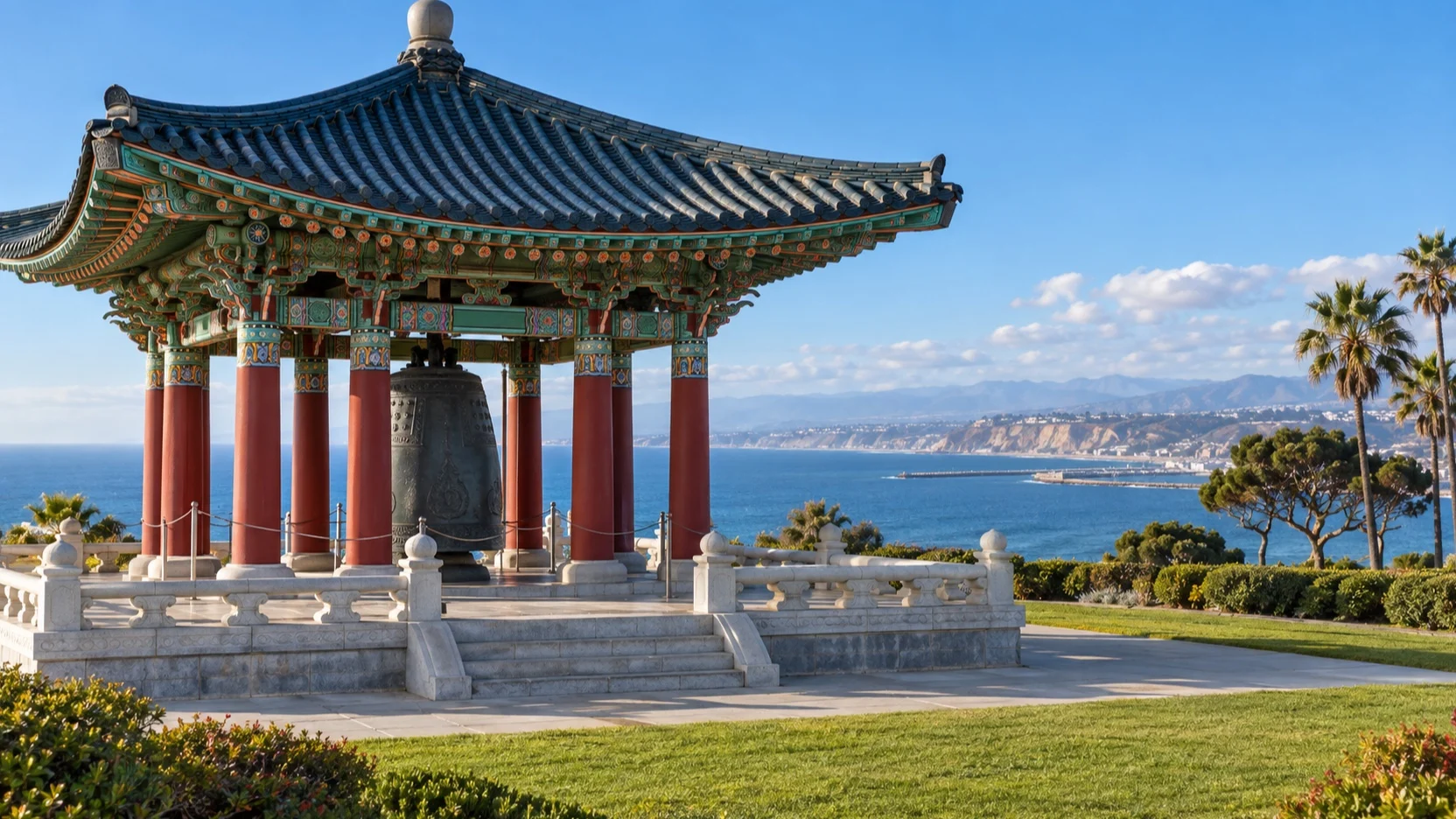 Korean Bell of Friendship in its pavilion above the Pacific Ocean at San Pedro