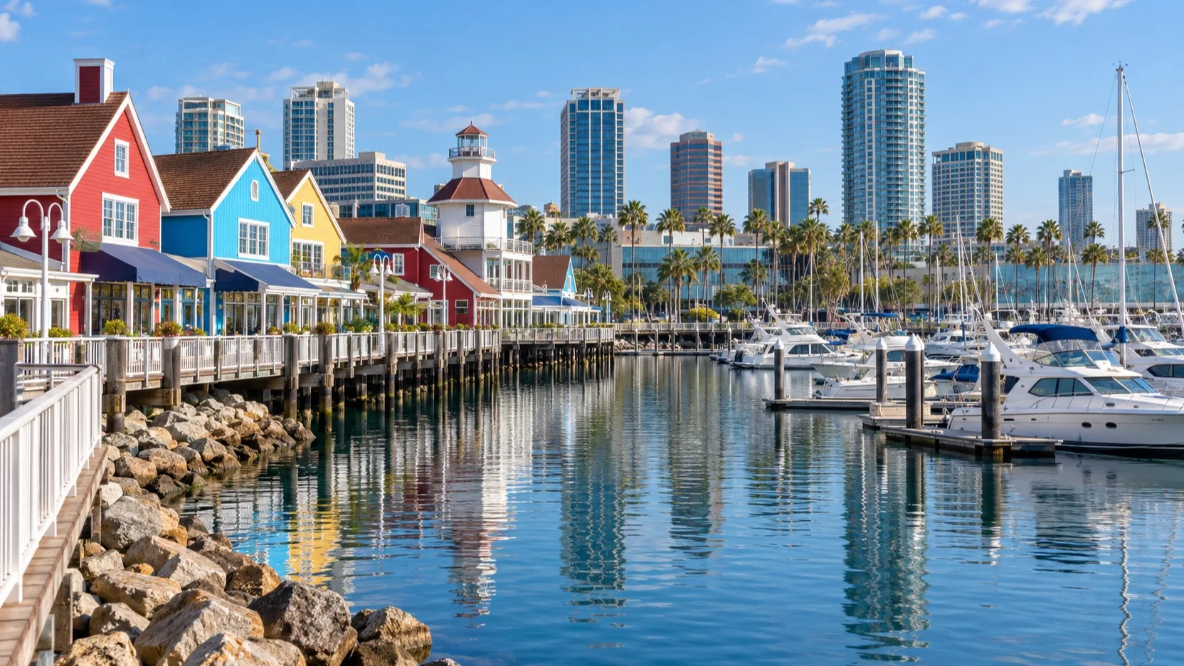 Colorful Shoreline Village waterfront and boats in Long Beach’s Rainbow Harbor