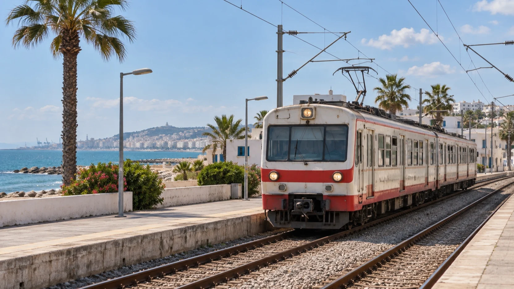 TGM suburban train at a coastal station near La Goulette
