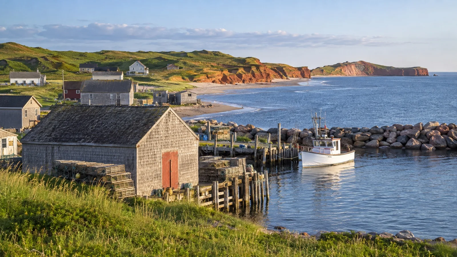Weathered wooden waterfront buildings at La Grave in Havre-Aubert