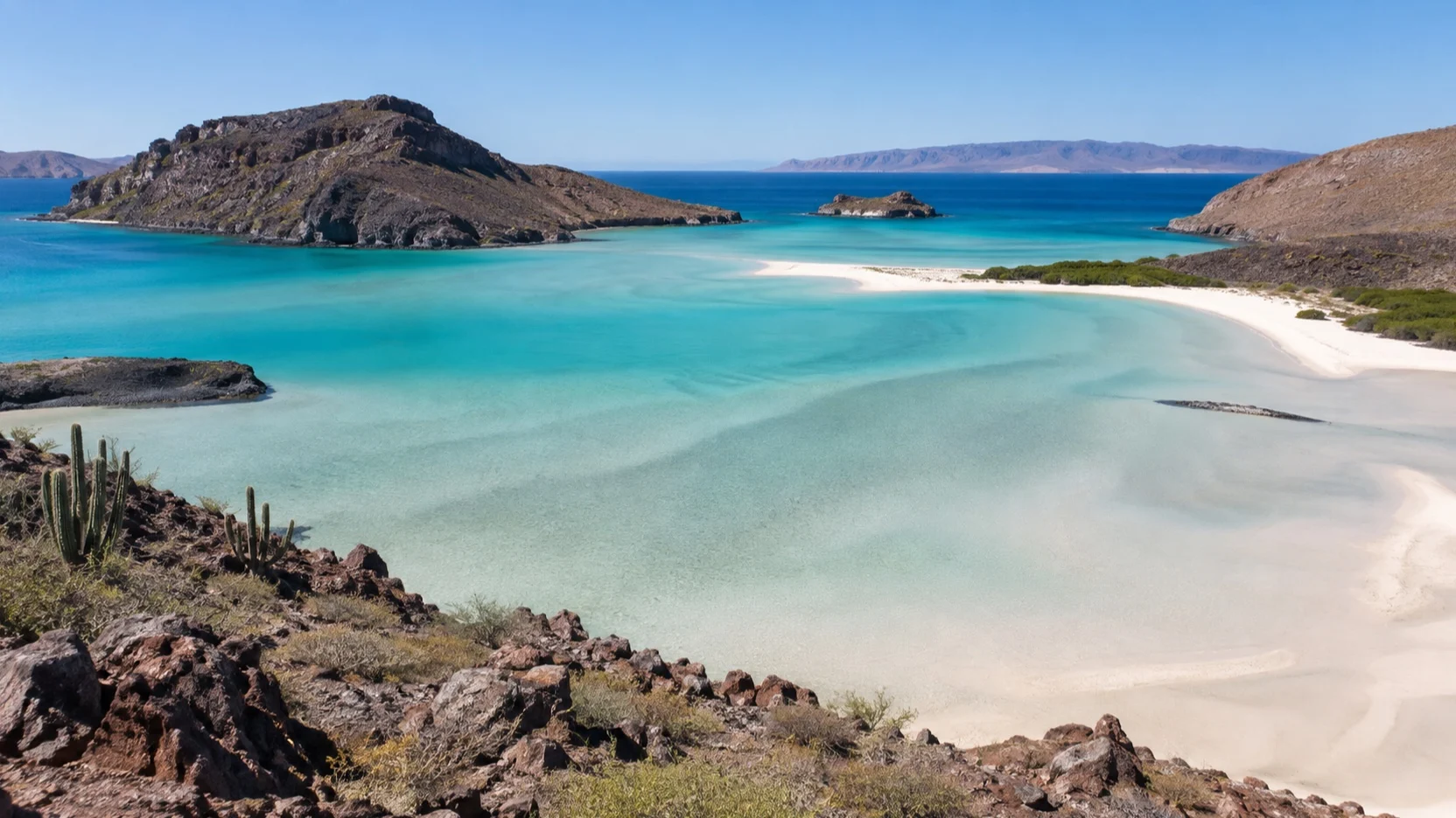 Shallow turquoise water and desert hills at Balandra Beach near La Paz