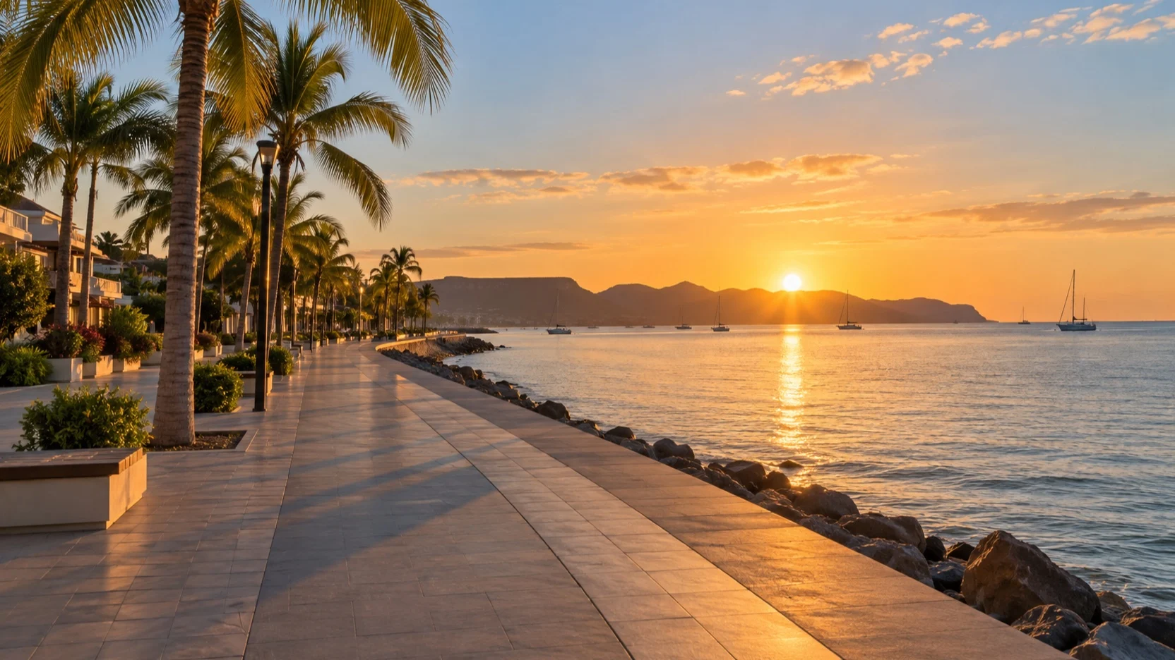 The empty palm-lined Malecón beside La Paz Bay at sunset