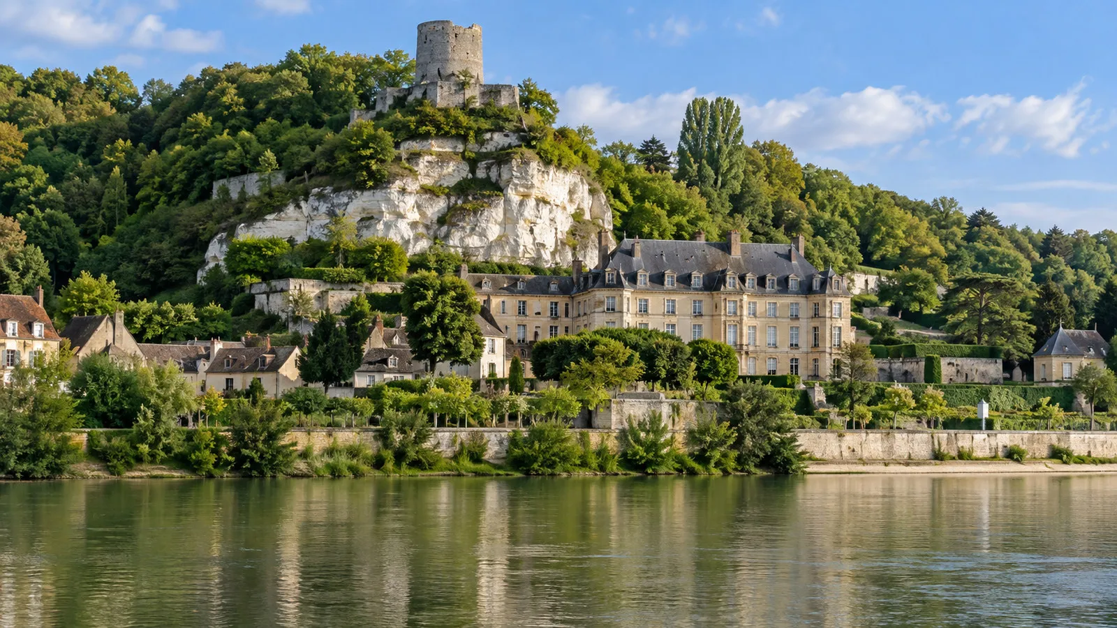 Chalk cliff and château landscape at La Roche-Guyon