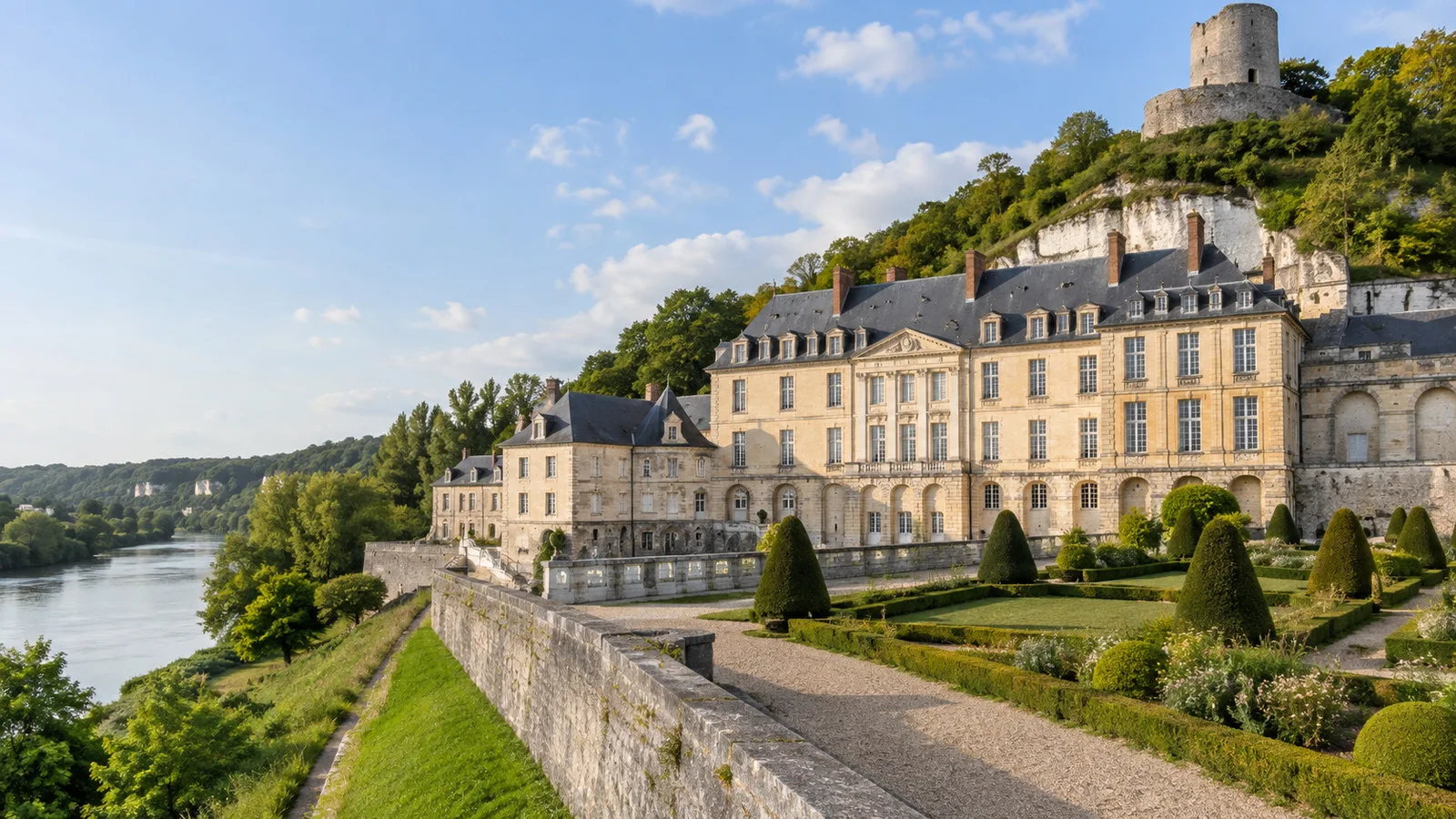 Lower Château de La Roche-Guyon stone facade and gardens