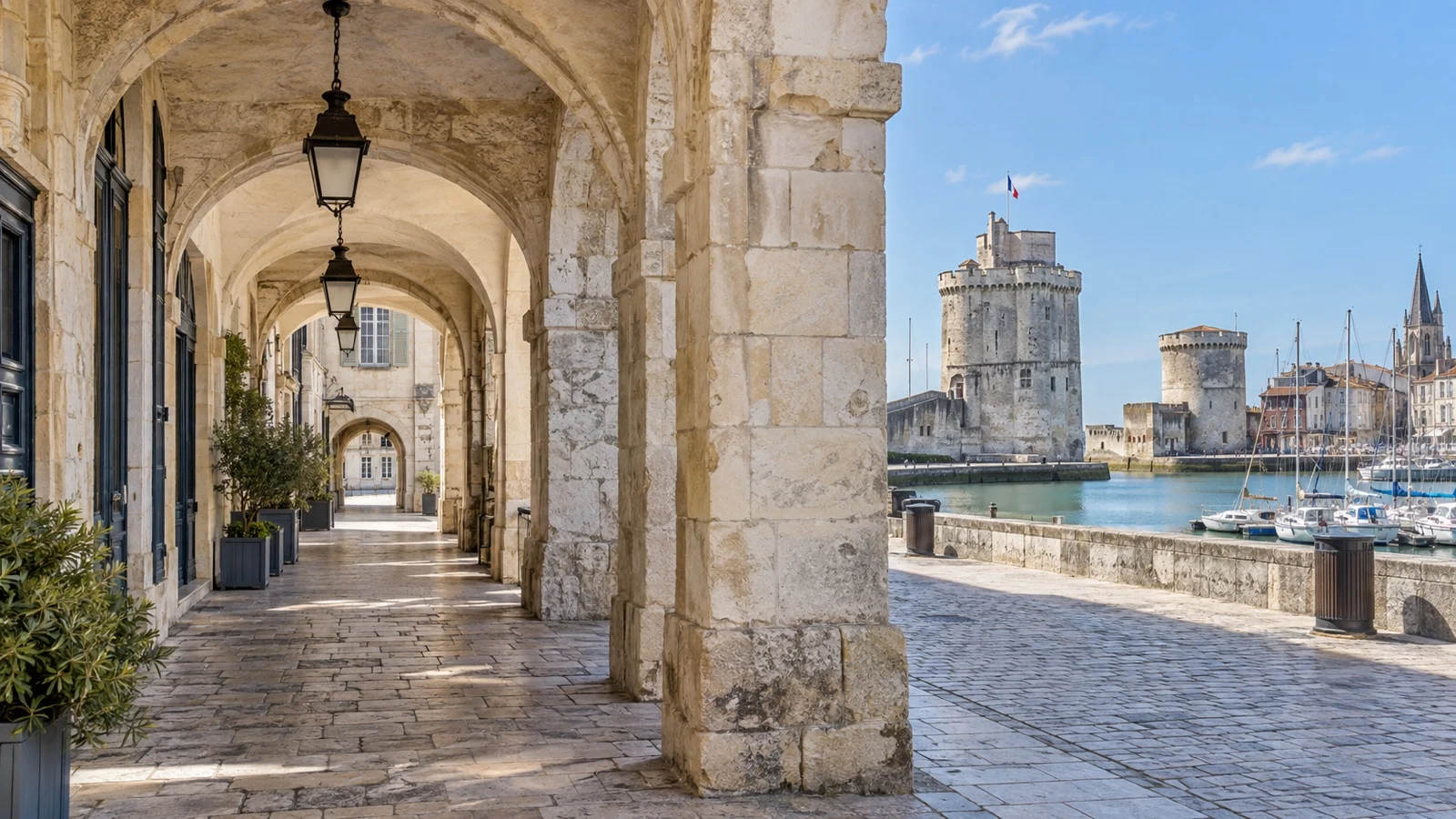 Arcaded limestone street in La Rochelle historic center