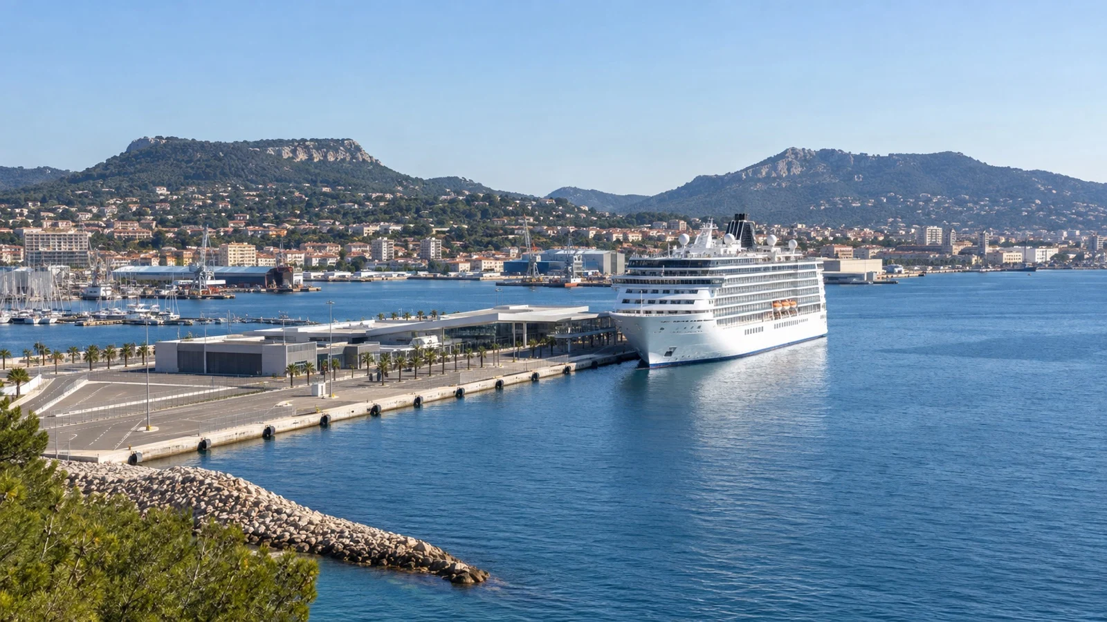 Cruise ship at the La Seyne-sur-Mer berth across Toulon Bay