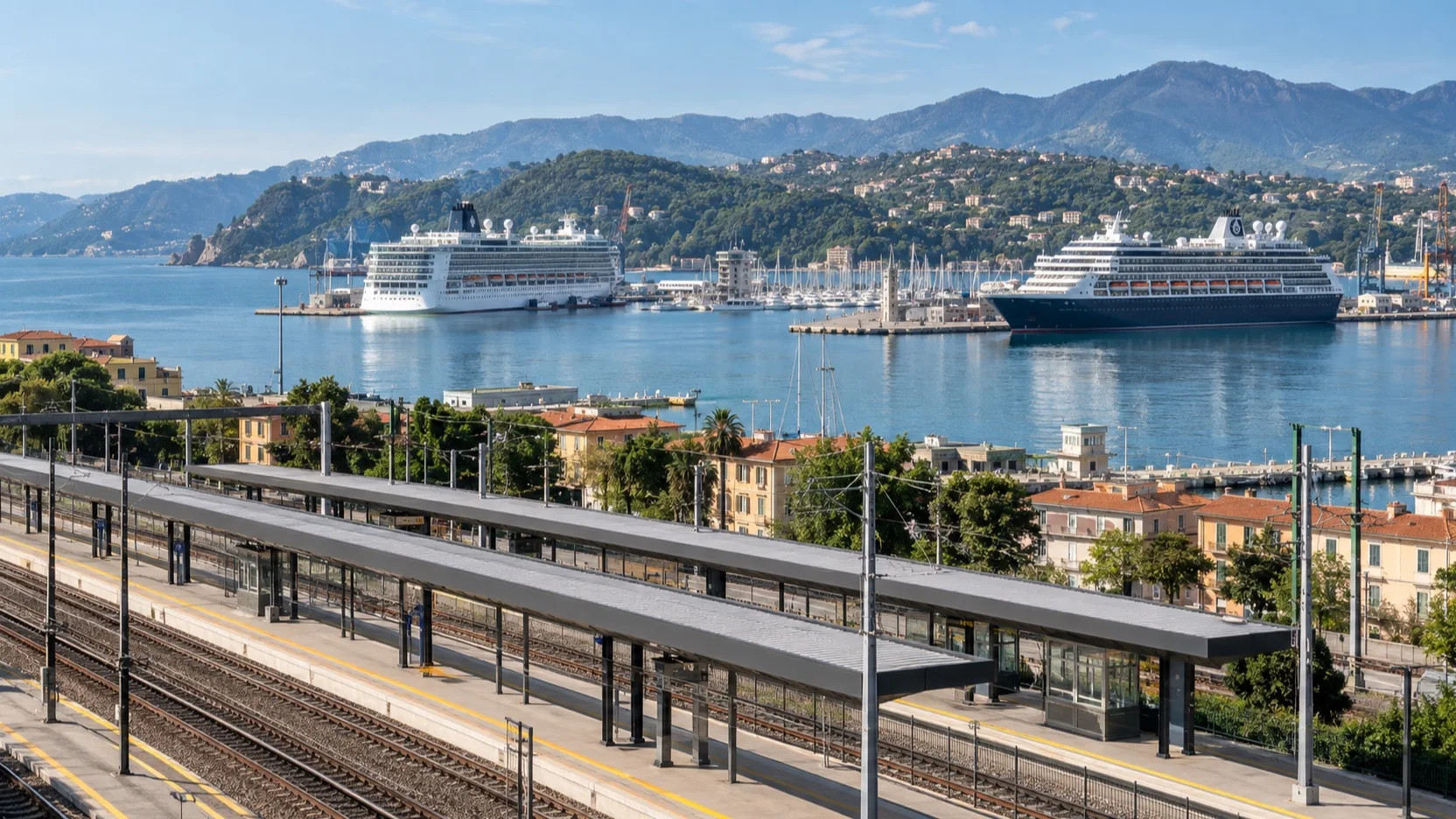 La Spezia rail platforms with two cruise ships in the harbor