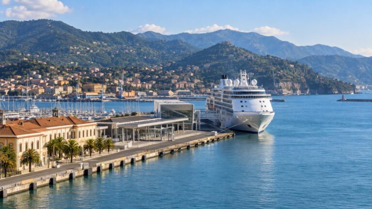 La Spezia cruise terminal with a white cruise ship in the Gulf of Poets and Ligurian hills behind