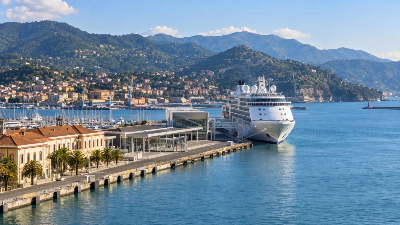 La Spezia cruise terminal with a white cruise ship in the Gulf of Poets and Ligurian hills behind