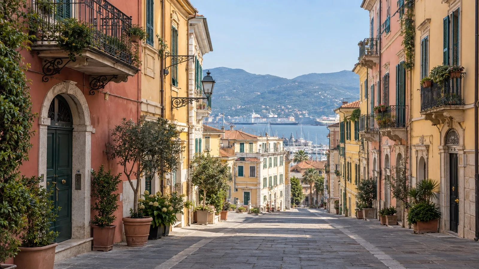 Central La Spezia historic street with midrange guesthouses and pastel Italian facades