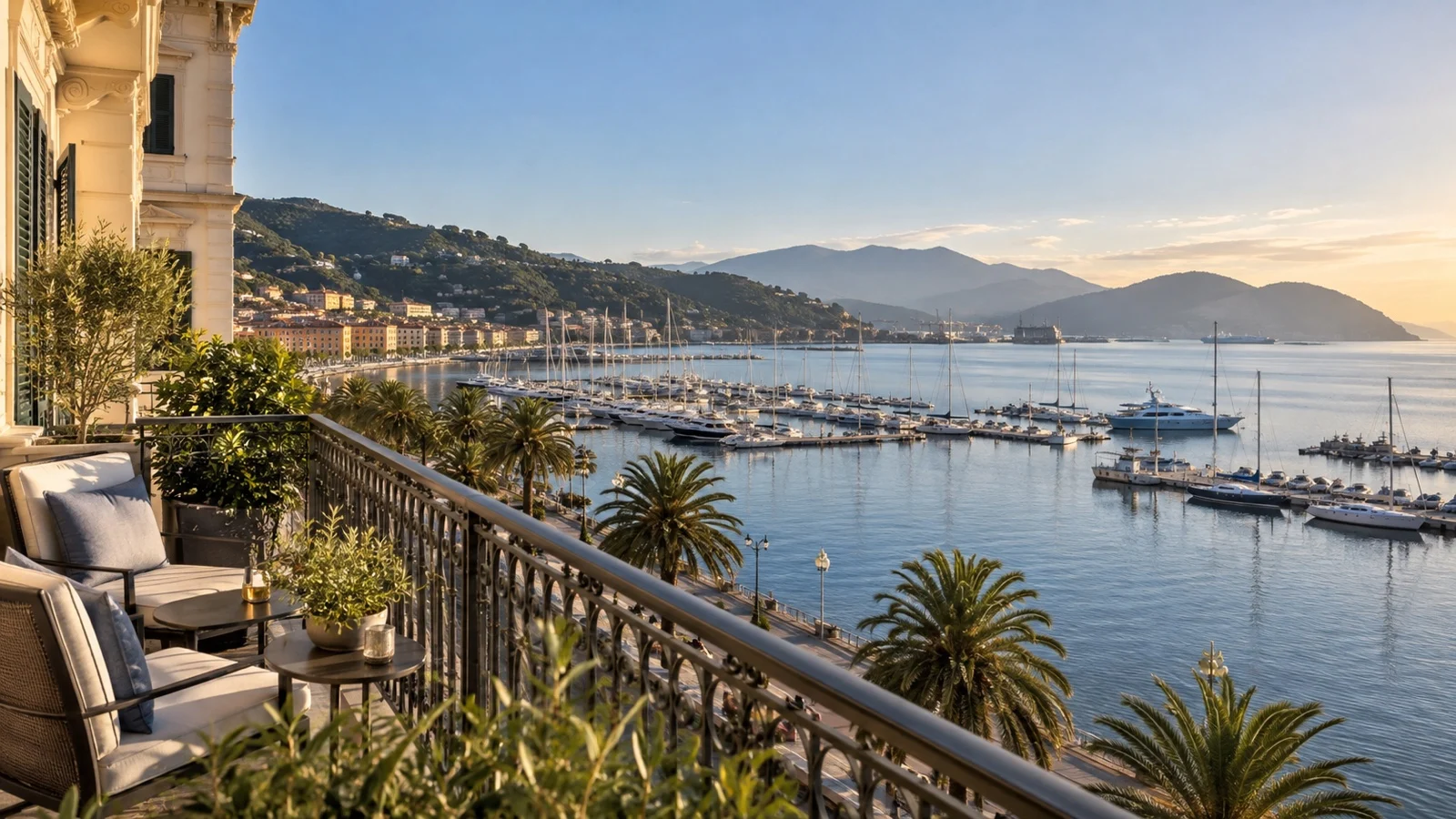 Elegant La Spezia waterfront hotel overlooking the marina and Gulf of Poets