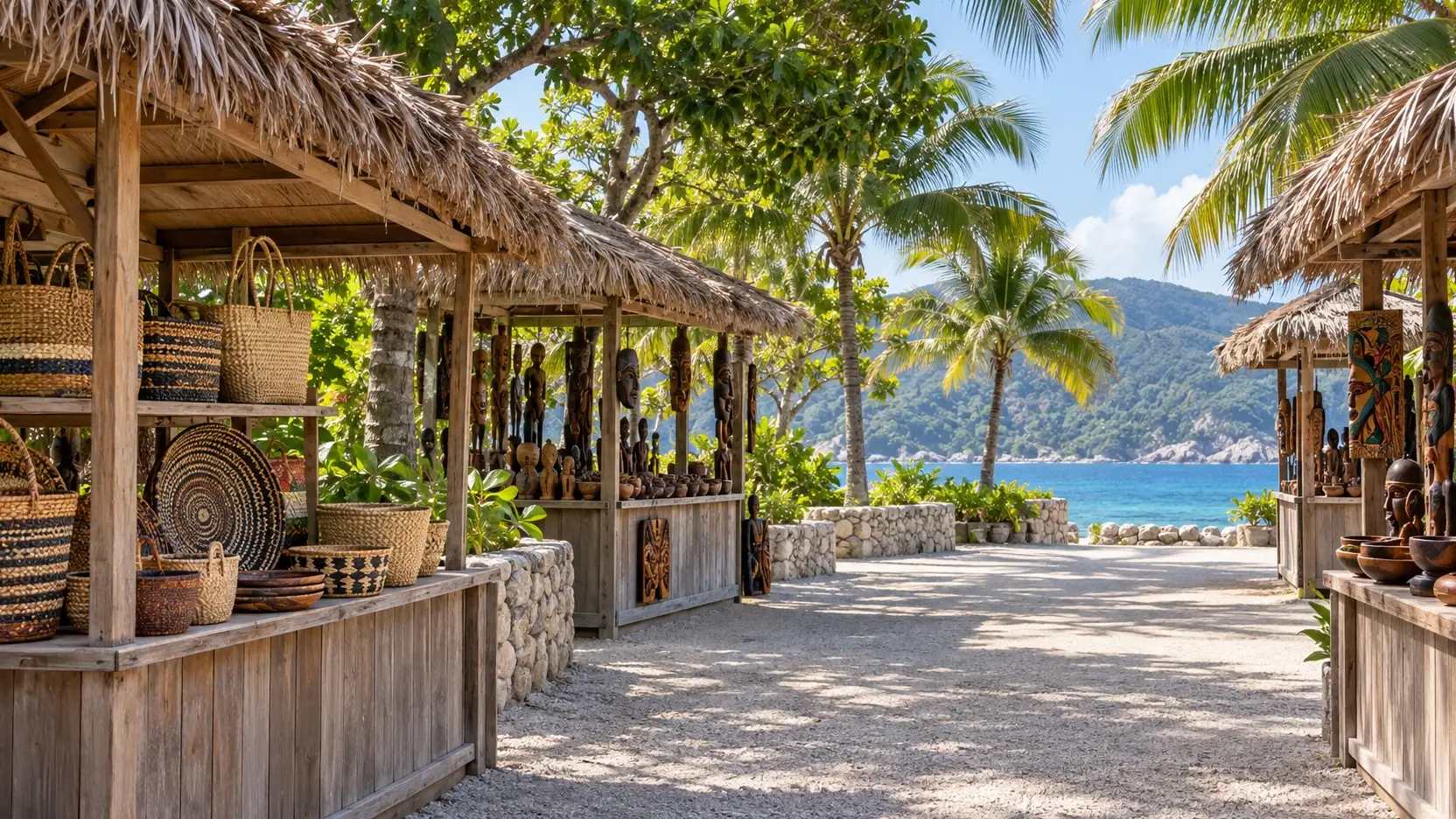 Artisan market stalls with woven crafts in Labadee