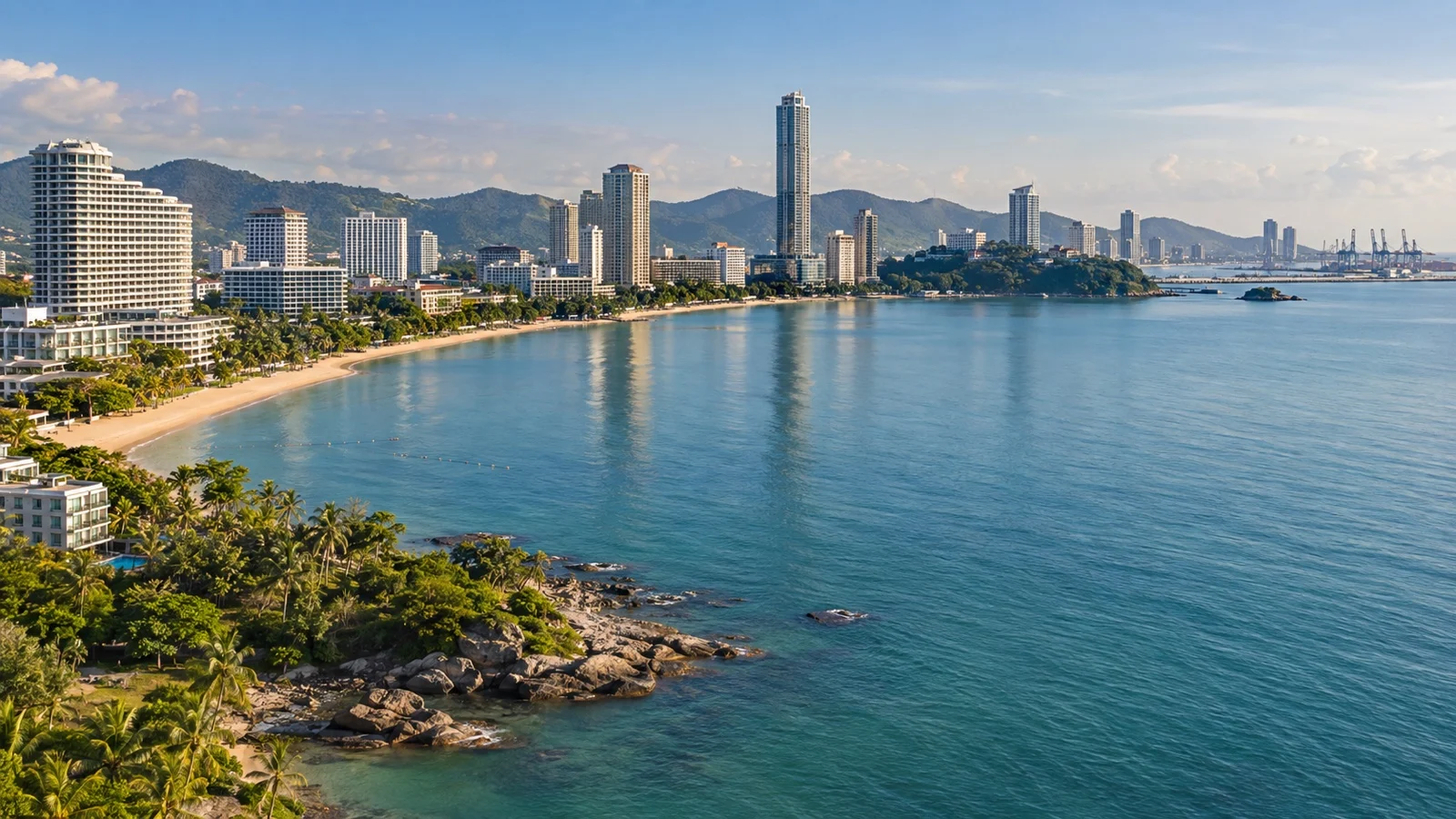 Pattaya Bay waterfront skyline with coastal hotels, beach and calm Gulf of Thailand water