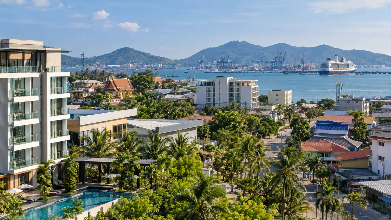 Si Racha town in Chonburi with practical modern hotels, low-rise Thai buildings and tropical trees