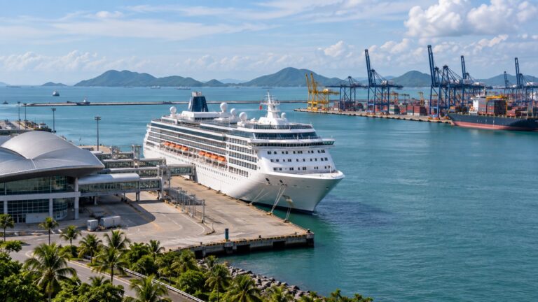 Laem Chabang cruise terminal near Chonburi with a white cruise ship at an industrial Thai port berth and tropical coastal horizon