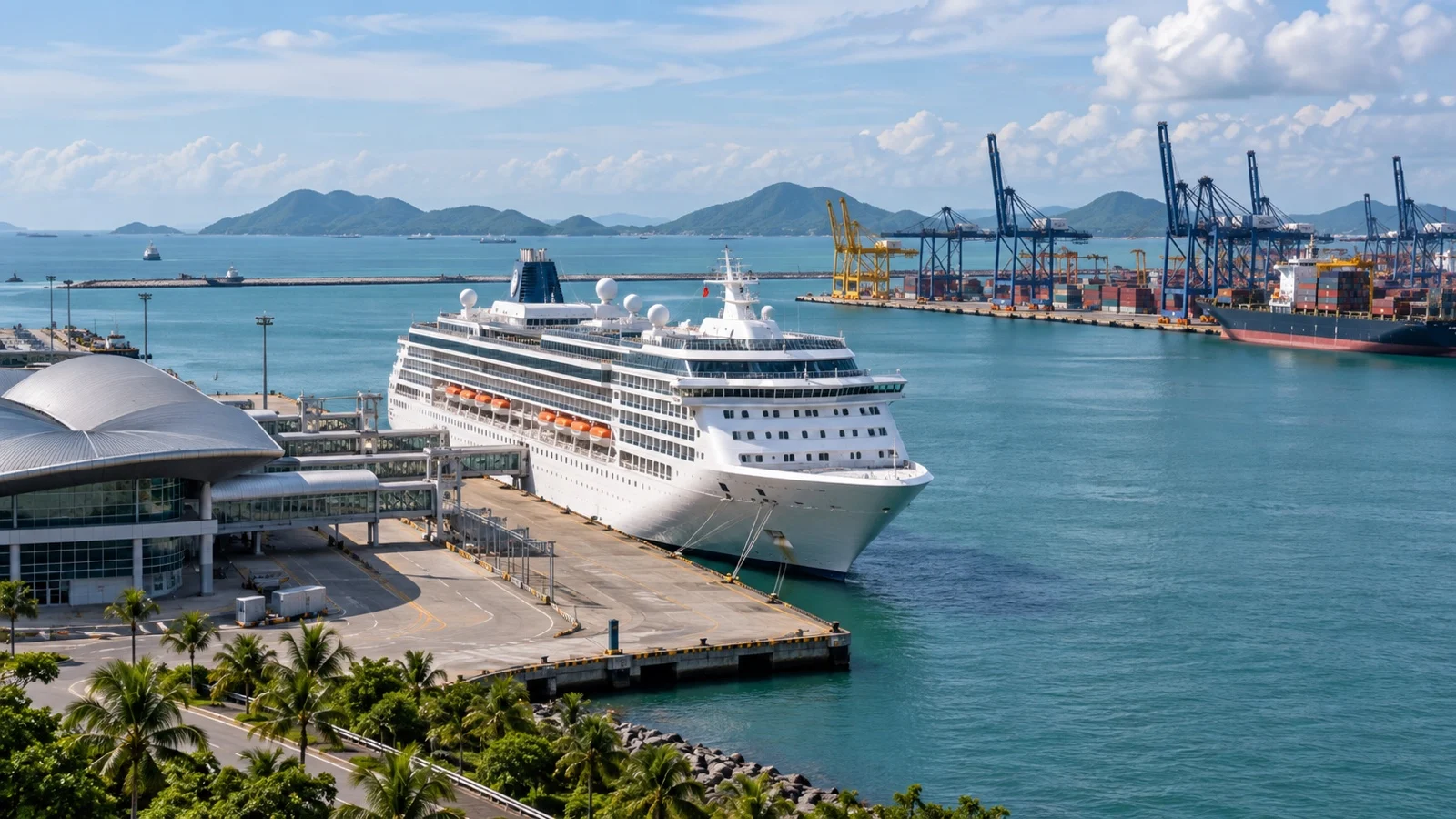 Laem Chabang cruise terminal near Chonburi with a white cruise ship at an industrial Thai port berth and tropical coastal horizon