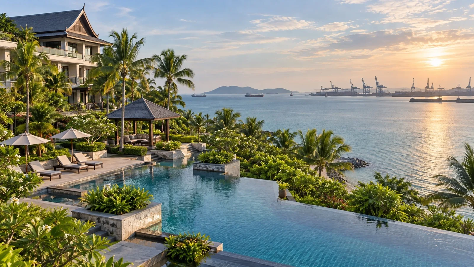 Upscale waterfront resort hotel in North Pattaya with tropical gardens, palm trees and the Gulf of Thailand