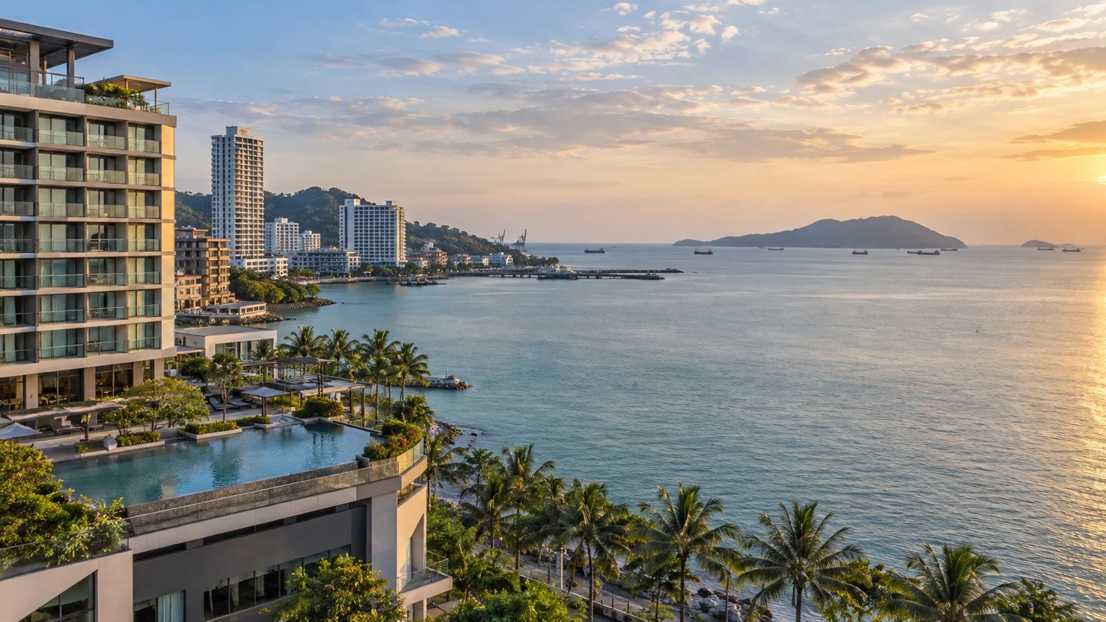 Si Racha waterfront with contemporary hotels overlooking the Gulf of Thailand and Koh Si Chang across the water