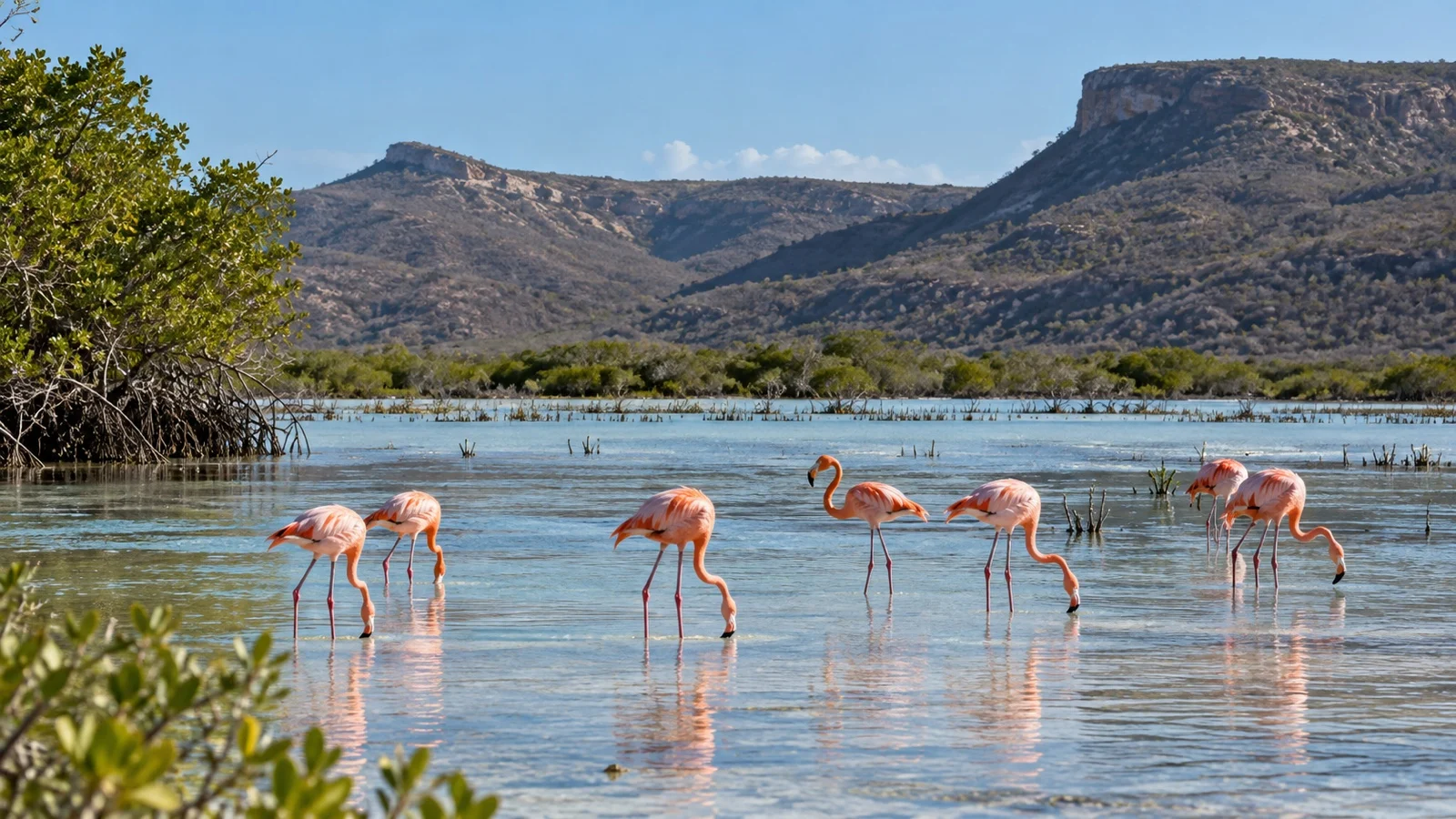 Flamingos feeding in shallow water at Laguna de Oviedo