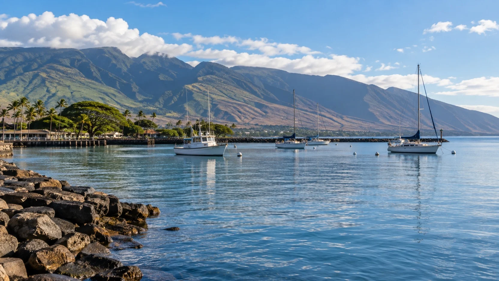 Small boats along the Lahaina shoreline beneath West Maui mountains
