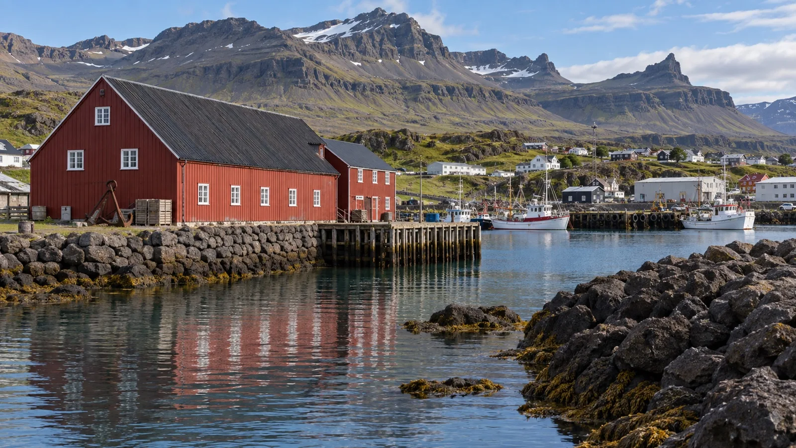 Historic red Langabúð building beside Djúpivogur harbor