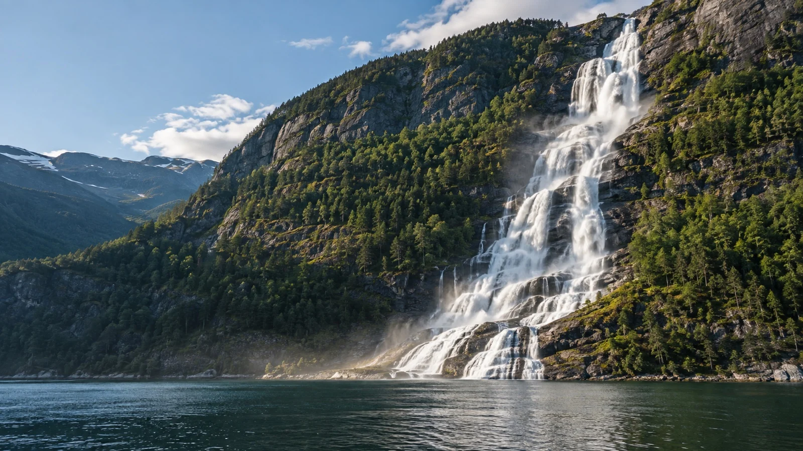 Langfoss waterfall descending into Åkrafjorden in Norway