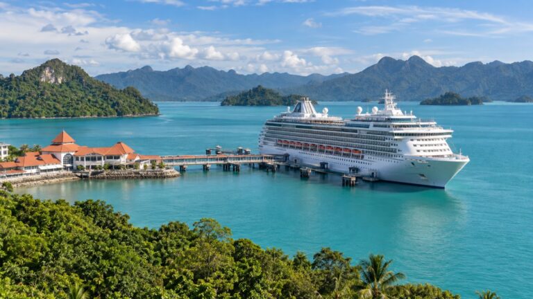 Cruise ship at Langkawi harbor among tropical islands