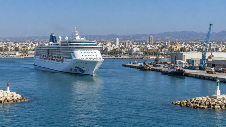 Cruise ship in Larnaca Port with the Cyprus coast beyond