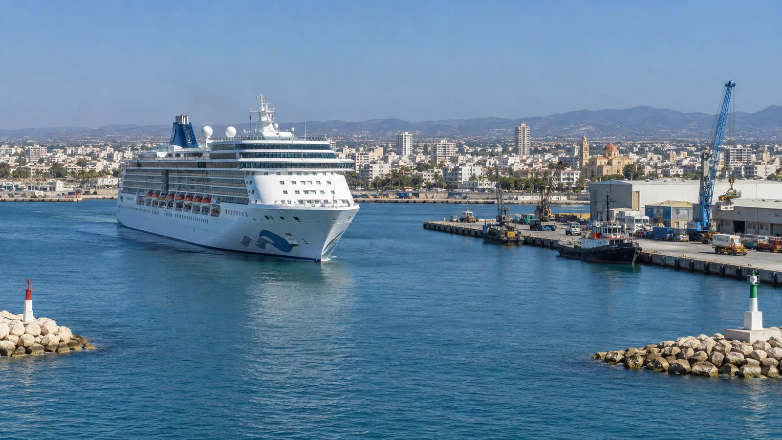Cruise ship in Larnaca Port with the Cyprus coast beyond