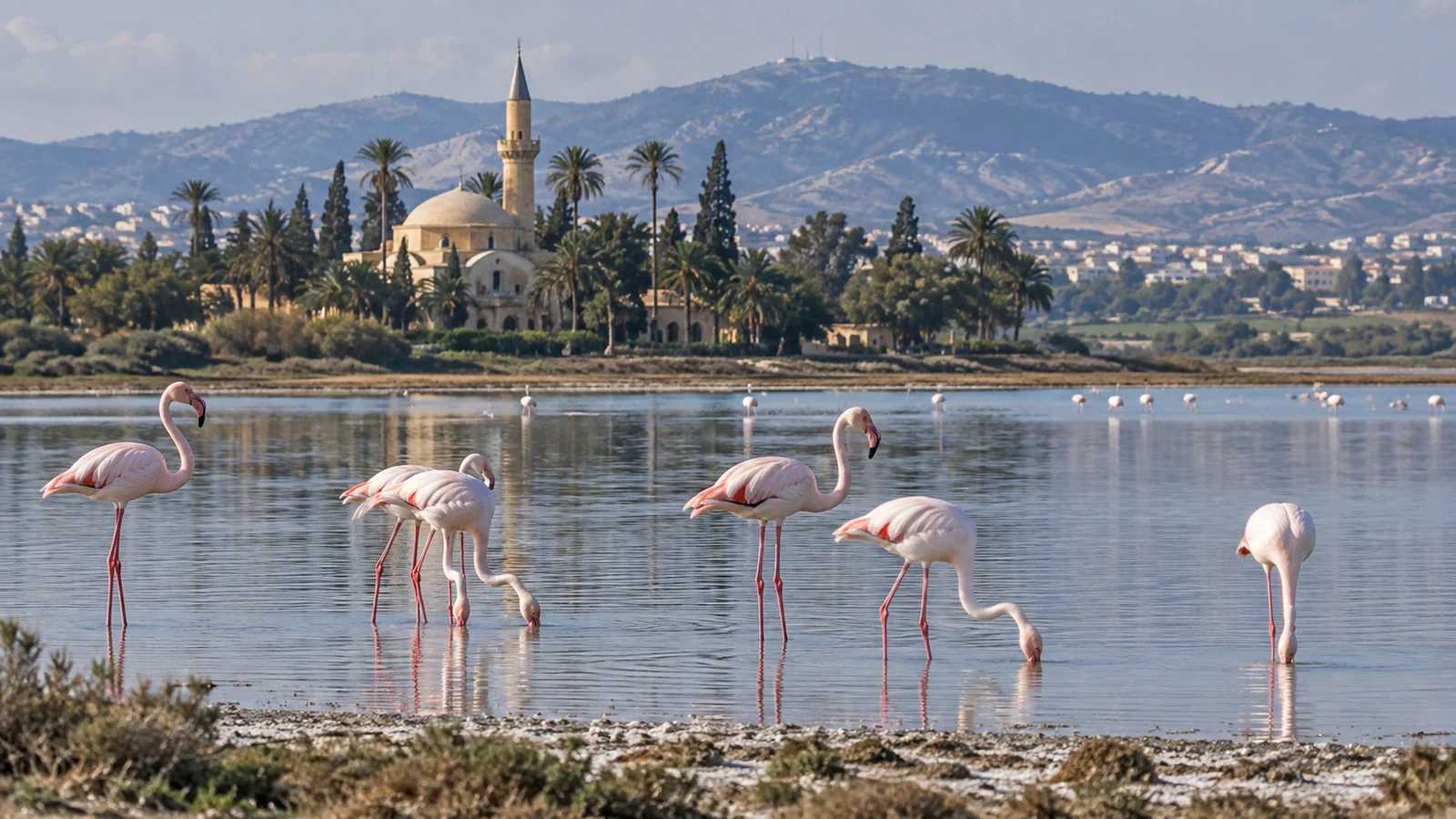 Pink flamingos wading in Larnaca Salt Lake