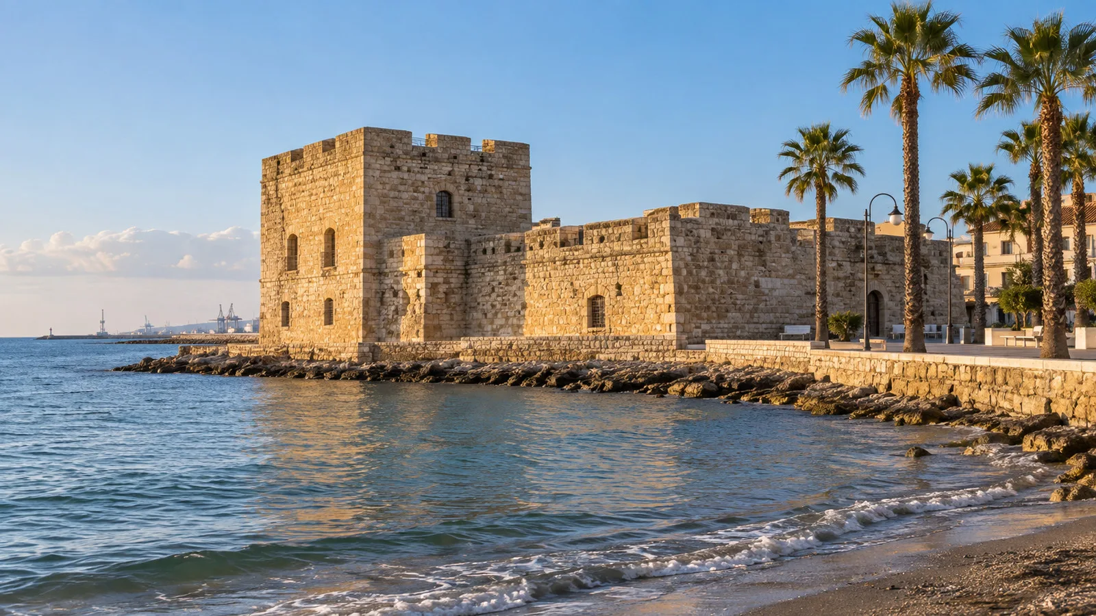 Stone walls of Larnaca Medieval Castle beside the sea