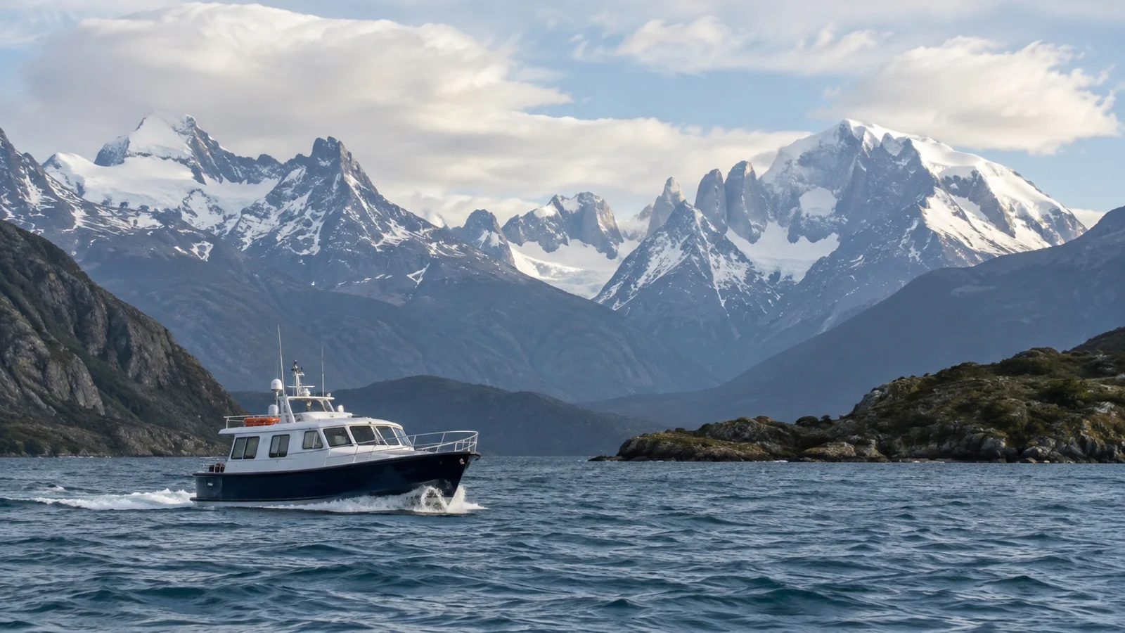 Small excursion boat on Last Hope Sound beneath Patagonian fjord mountains