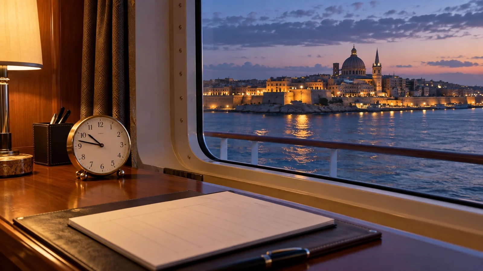 Analog clock and blank itinerary on a cruise cabin desk with city lights outside