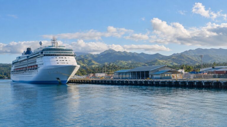 Cruise ship at Lautoka port in Fiji with calm water and tropical hills