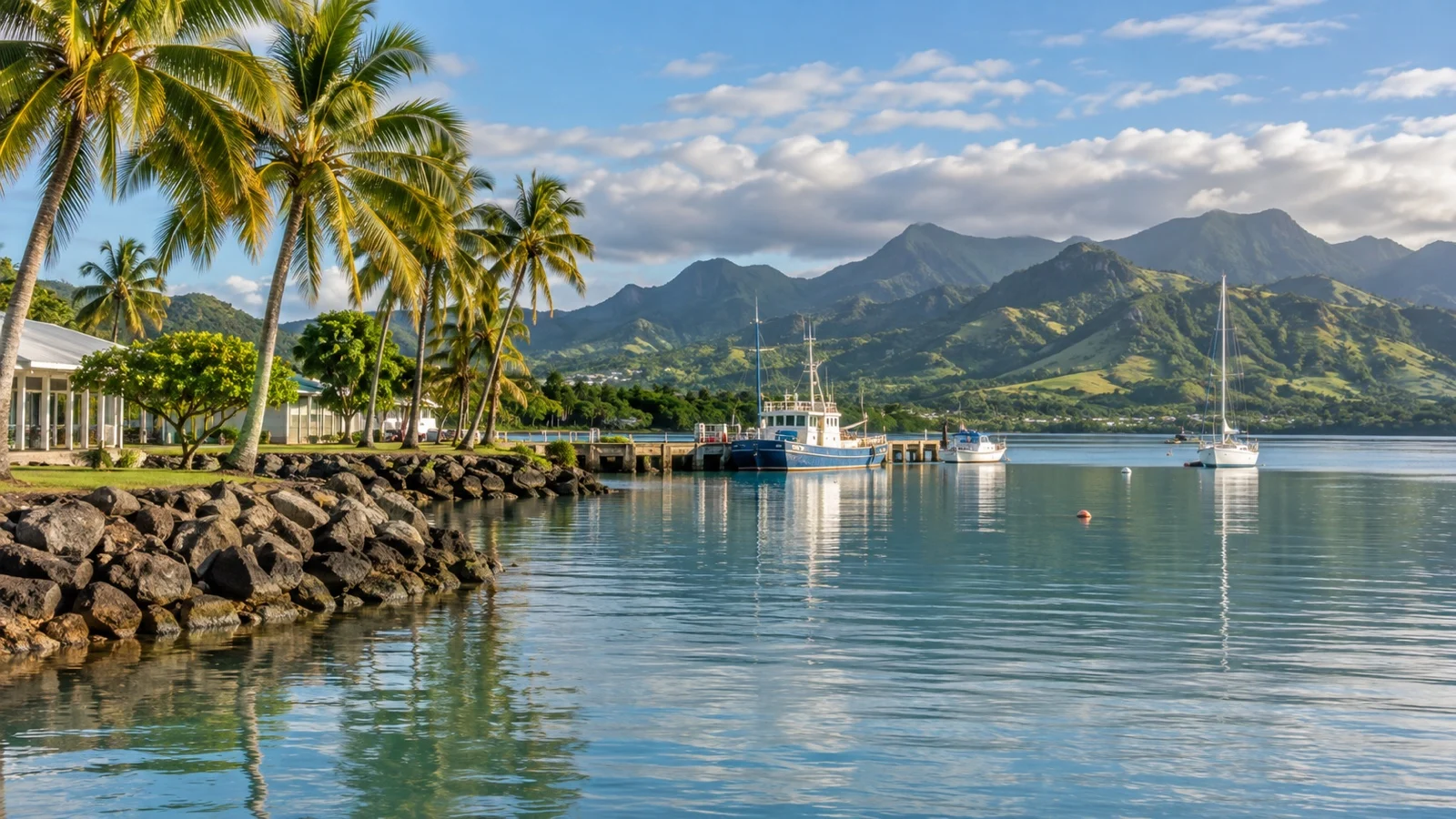 Quiet Lautoka waterfront in Fiji with palm trees, boats, and green mountains
