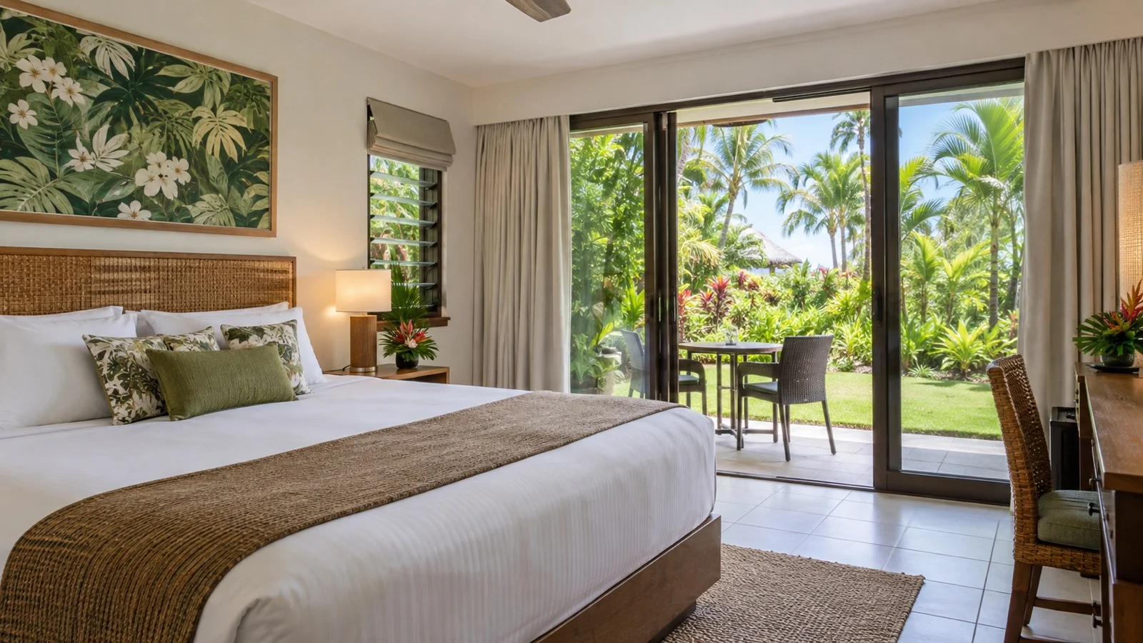 Empty unbranded hotel room in Lautoka, Fiji, with tropical garden view
