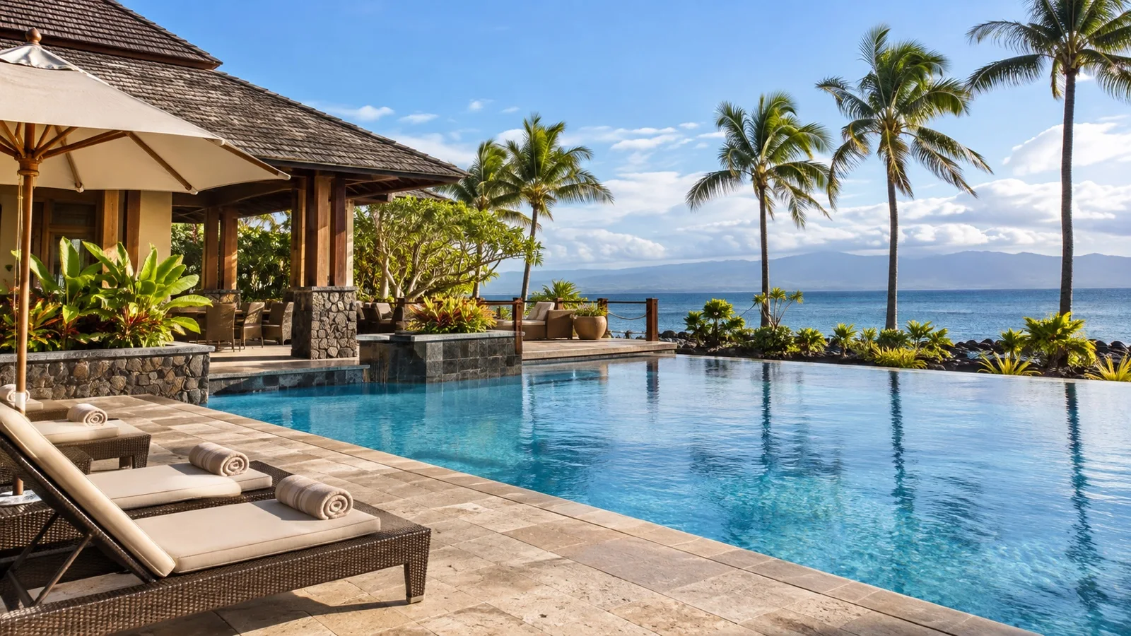 Empty pool terrace at an unbranded resort near Lautoka, Fiji
