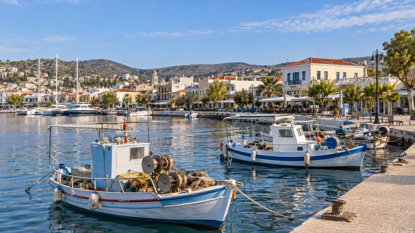 Lavrio central harbor and waterfront near cruise hotels