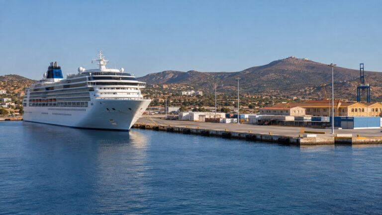 Cruise ship docked at the commercial harbor of Lavrion on the Attic coast of Greece