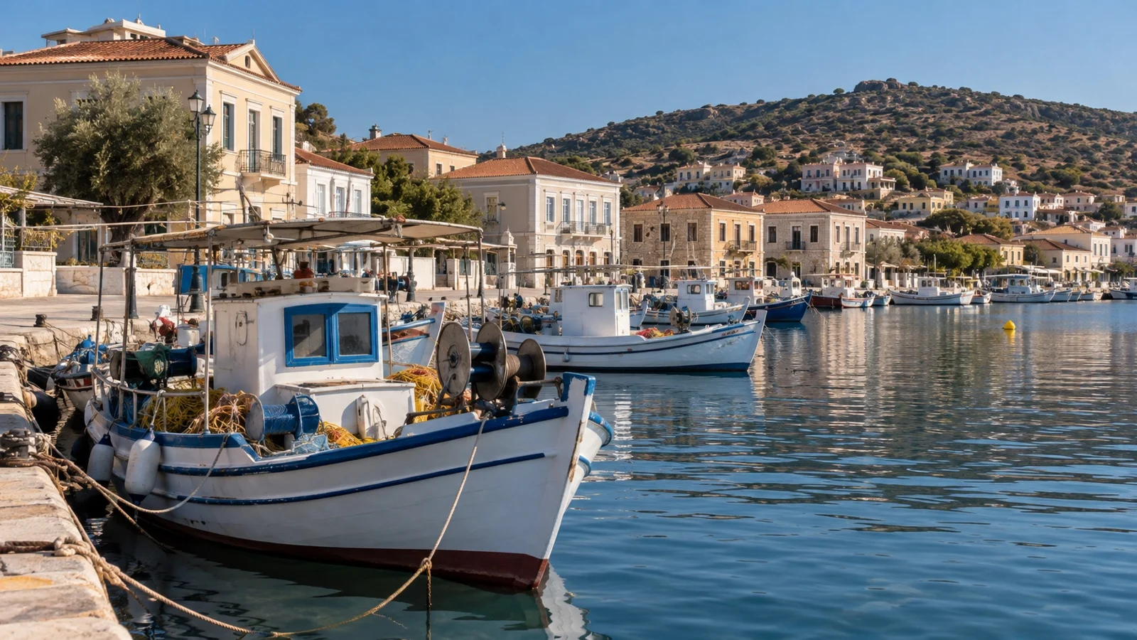 Fishing boats and waterfront buildings in Lavrion harbor, Greece