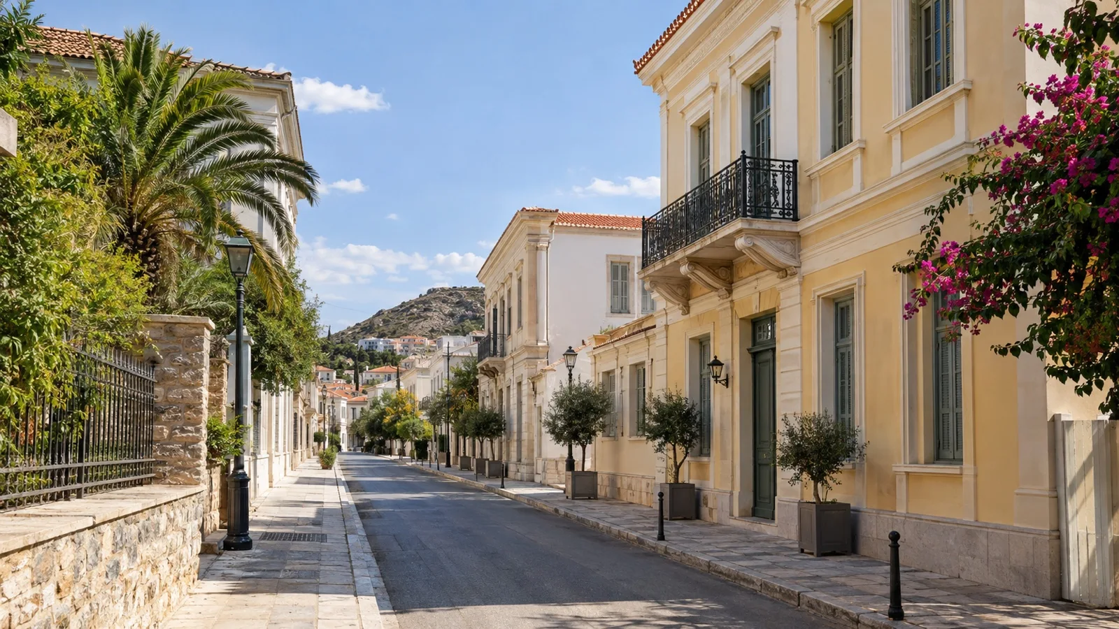 Quiet street and neoclassical buildings in the center of Lavrion, Greece