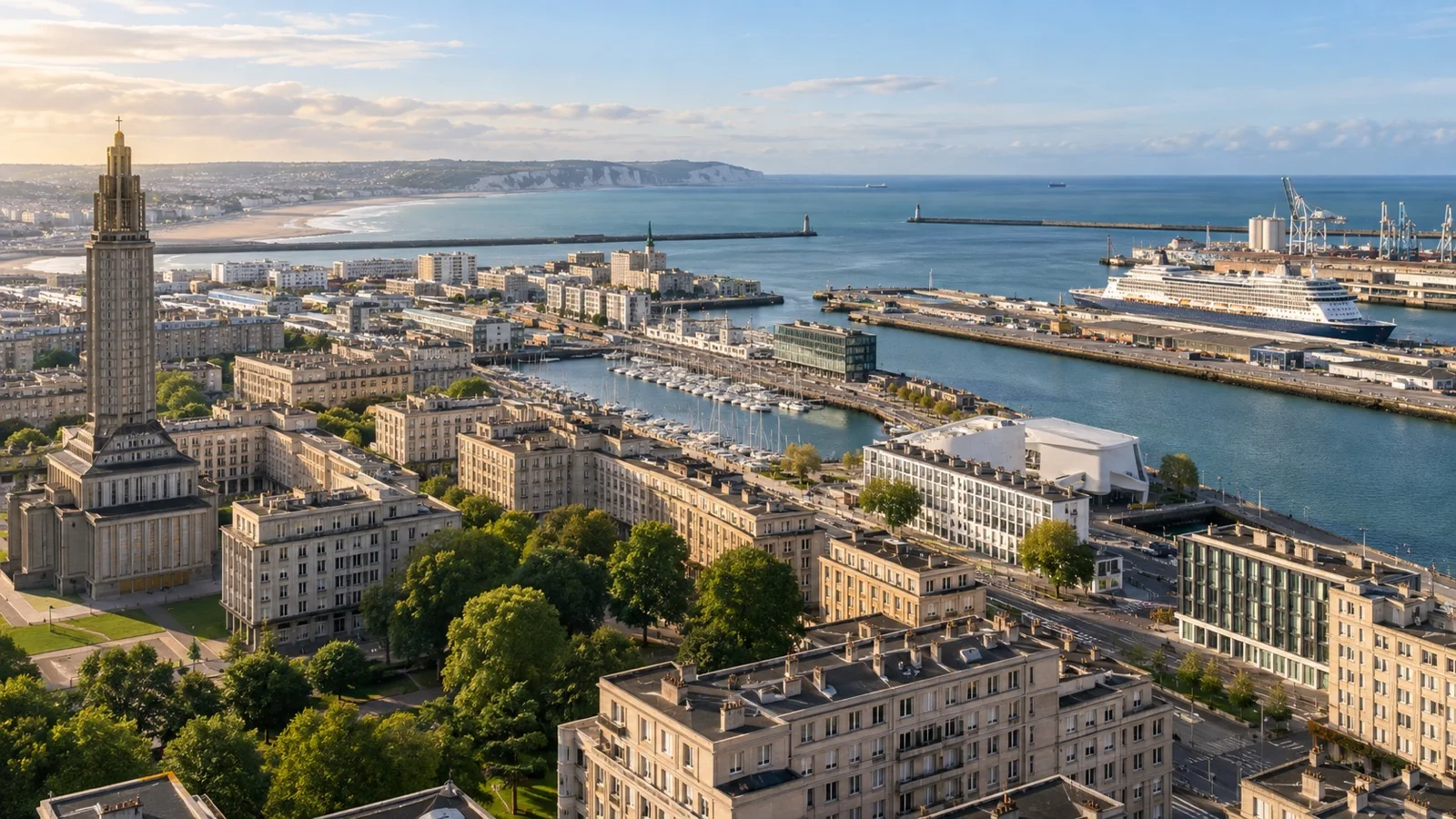 Panoramic Le Havre city center, cruise port and English Channel shoreline