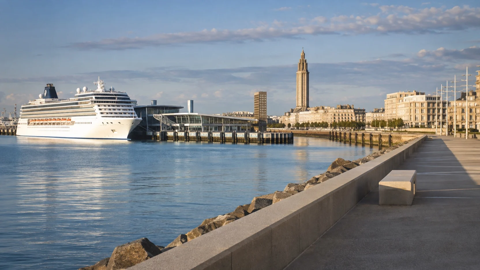 Empty Le Havre seafront promenade and cruise ship at the port