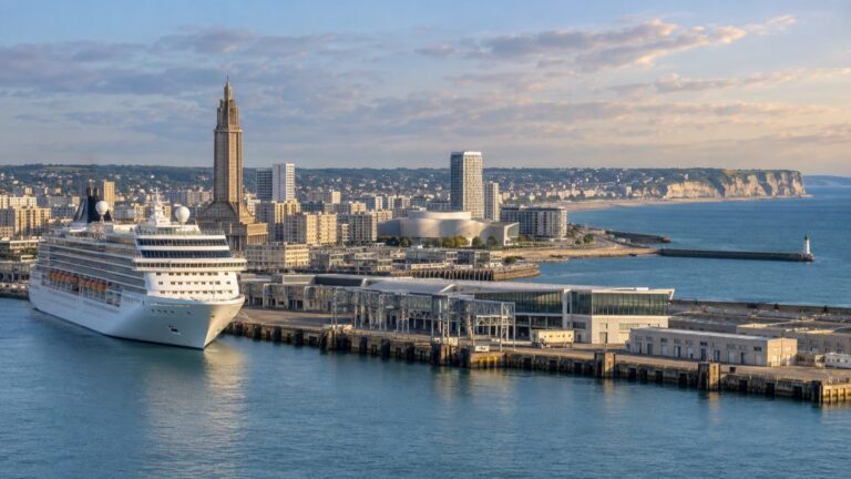 Cruise ship at Le Havre port on the Normandy coast